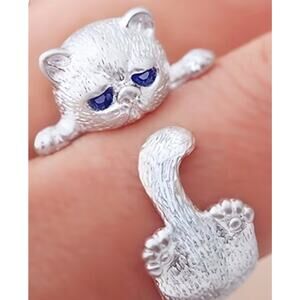 Sleek Matte Silver Kitten Hug Ring, Blue Eyes, Adjustable, Adorable Feline